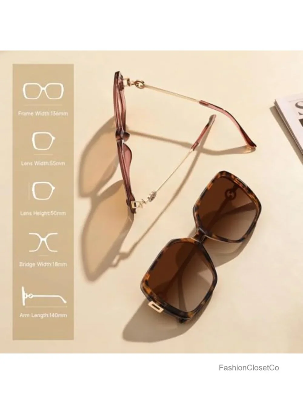 Oversized Retro Square Sunglasses Women UV Protection Metal Temple